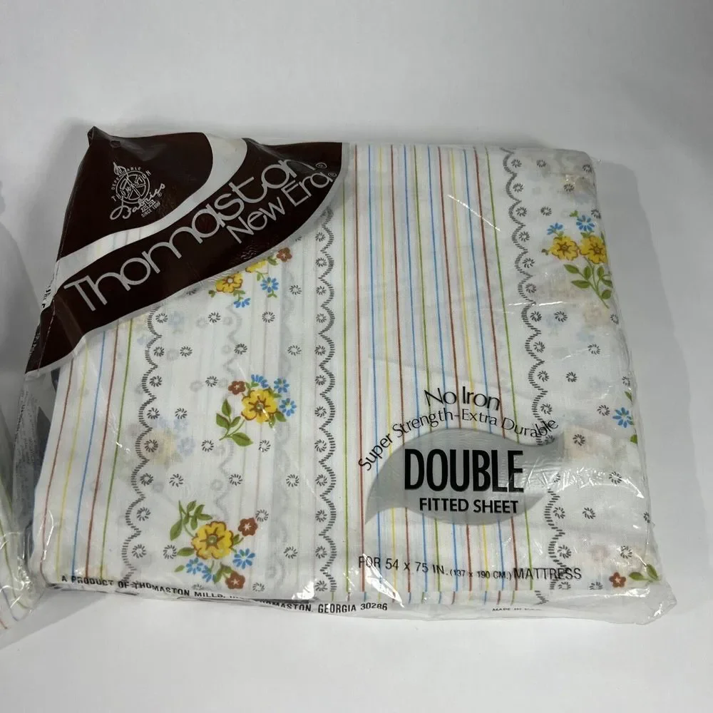 New VTG THOMASTON‎ NEW ERA No Iron Double Fitted Flat Sheet Striped Floral 54x75